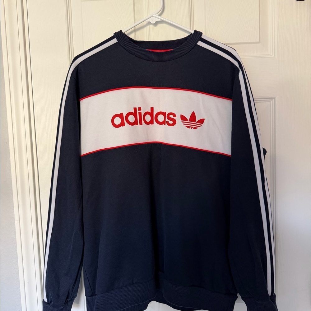 Adidas Men's Navy and White Crewneck Sweater